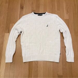 Nautica Men's White Cable Knit Cotton Crew Neck Sweater Size L